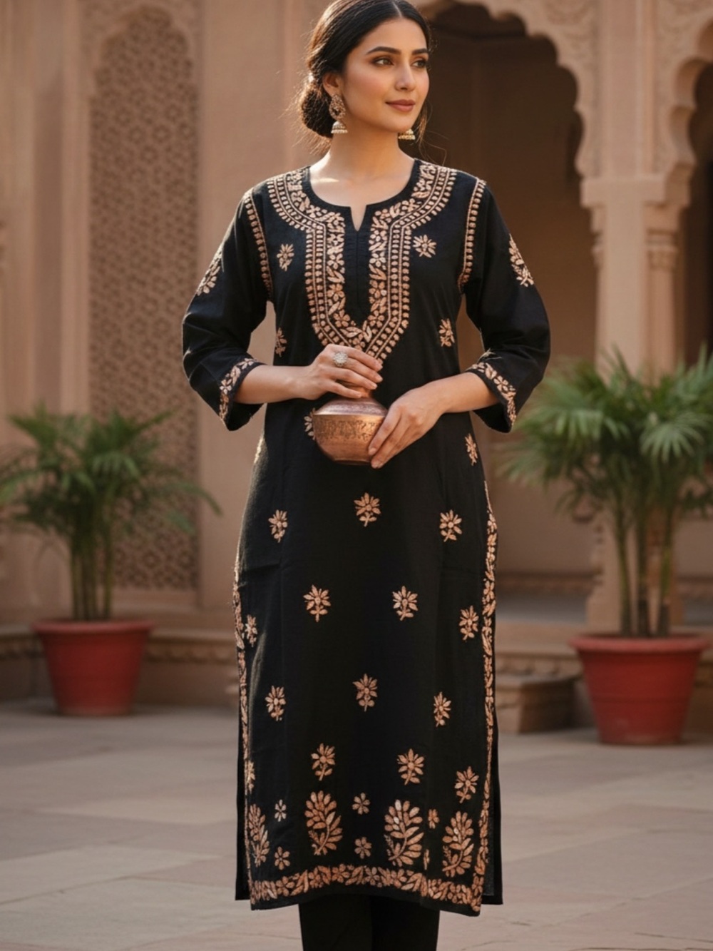 Black Embroidered cotton Kurta with light brown Floral Detailing